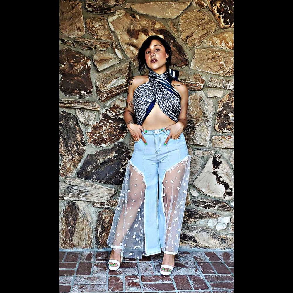 Casual Lace Mesh Star Print Spliced Jeans